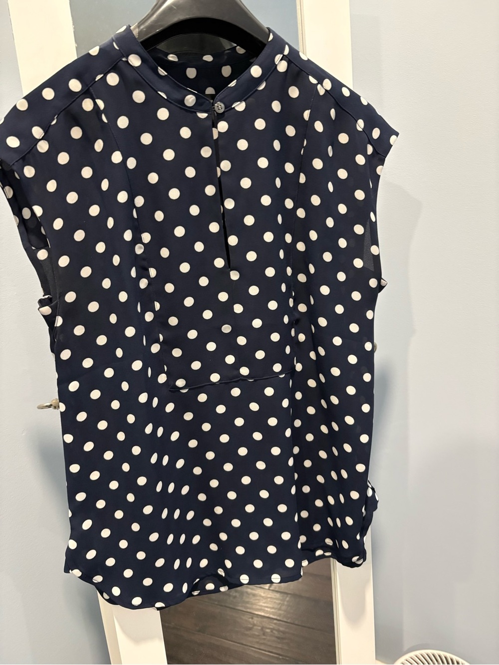 J. Crew Navy and White Polka Dot Cap-Sleeve Blouse